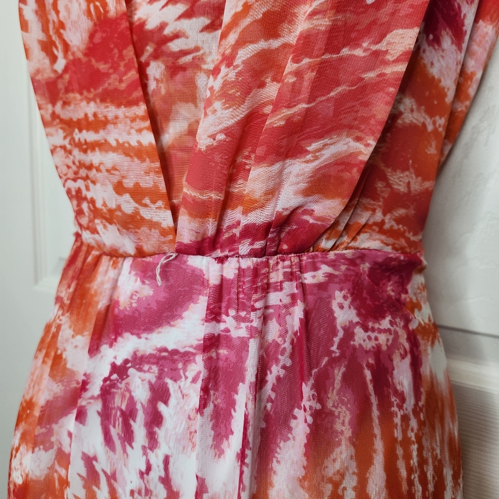 Calvin Klein Maxi Sleeveless Dress Orange Pink Tie Dye Print Size 4 - Picture 4 of 9